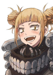 Rule 34 | 1girl, blonde hair, blunt bangs, blush, boku no hero academia, canister, cardigan, double bun, fangs, hair bun, highres, ico6, looking at viewer, messy hair, open mouth, short hair, simple background, smile, solo, teeth, toga himiko, upper body, white background, yellow cardigan, yellow eyes