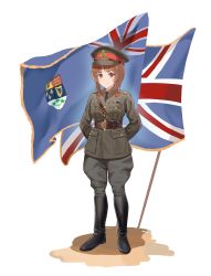Rule 34 | 1girl, absurdres, arms behind back, belt, boots, breast pocket, brown eyes, brown hair, canadian flag, commission, flag, girls und panzer, hat, highres, knee boots, medium hair, military, military uniform, necktie, nishizumi miho, peaked cap, pixiv commission, pocket, simple background, soldier, solo, unicron (brous), uniform, union jack, united kingdom, white background, world war ii