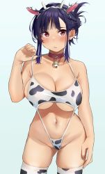 Rule 34 | 1girl, :/, animal ears, animal print, arm at side, bare shoulders, bell, black hair, blush, breasts, collar, collarbone, commentary request, contrapposto, cow ears, cow horns, cow print, cowboy shot, elder cousin (igarashi kyouhei), embarrassed, fake animal ears, fingernails, hair bun, hairband, hand up, highres, horns, igarashi kyouhei, jingle bell, large breasts, looking at viewer, navel, original, red collar, red eyes, sidelocks, simple background, single hair bun, solo, standing, strap pull, thighhighs, white background, white hairband, white thighhighs