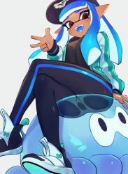 Rule 34 | 1girl, :d, arm at side, bad id, bad twitter id, baseball cap, black pants, blue hair, commission, dark-skinned female, dark skin, fangs, hand up, hat, highres, inkling, inkling girl, inkling player character, jacket, jellyfish, jellyfish (splatoon), jtveemo, long hair, long sleeves, looking at viewer, nintendo, open clothes, open jacket, open mouth, pants, pink eyes, pointy ears, see-through, shoes, simple background, single horizontal stripe, sitting, smile, solo, splatoon (series), splatoon 2, teeth, tentacle hair, white background