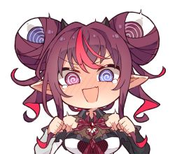 Rule 34 | 1girl, @ @, blue eyes, blush, cleavage, double bun, hair bun, heterochromia, hololive, hololive english, horns, irys (hololive), kukie-nyan, long hair, looking at viewer, multicolored hair, open mouth, pointy ears, purple eyes, purple hair, red eyes, red hair, see-through, see-through cleavage, streaked hair, virtual youtuber