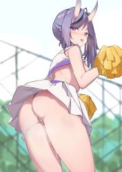 Rule 34 | 1girl, absurdres, ambulocetus, ass, bare arms, bare shoulders, blush, cheerleader, clothes lift, crop top, from behind, from below, highres, hikimayu, horns, looking at viewer, microskirt, midriff, miniskirt, mole, mole under mouth, nijisanji, no bra, oni, open mouth, panties, pantyshot, pearl thong, pleated skirt, pointy ears, pom pom (cheerleading), purple eyes, rindou mikoto, shirt, shirt lift, short eyebrows, skin-covered horns, skirt, smug, solo, sweat, tank top, thick eyebrows, thighs, thong, underwear, upskirt, virtual youtuber, white shirt, white tank top, yellow pom poms