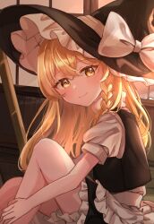Rule 34 | 1girl, apron, black skirt, black vest, blonde hair, bloomers, blush, bow, braid, closed mouth, commentary request, hat, hat bow, highres, ikeyan0677, kirisame marisa, long hair, looking at viewer, marisa day, short sleeves, side braid, single braid, skirt, smile, solo, touhou, underwear, vest, waist apron, white bloomers, white bow, witch hat, yellow eyes