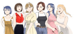 Rule 34 | 6+girls, absurdres, agent aika, ai (agent aika), aika (series), alternate costume, ayumi (agent aika), azelweien, bag, belt, black delmo, blonde hair, blue eyes, blue hair, braid, breasts, brown eyes, brown hair, camisole, casual, collarbone, commentary, denim, dress, english commentary, eri (agent aika), hand on own hip, hand up, highres, lineup, long hair, looking at viewer, multiple girls, open mouth, overalls, pink dress, red hair, red shirt, revision, rika (agent aika), saori (agent aika), shirt, short hair, sketch, smile, teeth, traditional media, twin braids, upper teeth only, v, white dress, white shirt, yellow eyes, yuki (agent aika)