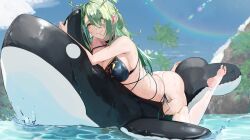 Rule 34 | 1girl, absurdres, antlers, ass, bikini, blush, braid, braided bangs, branch, breasts, ceres fauna, commentary, english commentary, flower, green hair, green nails, hair flower, hair ornament, highres, hololive, hololive english, horns, inflatable toy, large breasts, long hair, looking at viewer, mole, mole under eye, moyomo, multicolored hair, side-tie bikini bottom, smile, solo, stirrup legwear, swimsuit, thighhighs, toeless legwear, virtual youtuber, water, wet, yellow eyes