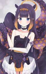 Rule 34 | 1girl, absurdres, black dress, black gloves, blue eyes, blush, book, breasts, brown hair, closed mouth, collarbone, commentary request, detached sleeves, dress, feathered wings, gloves, gradient hair, halo, highres, hololive, hololive english, huge filesize, long sleeves, looking at viewer, low wings, mole, mole under eye, multicolored hair, nare (17 junana), ninomae ina&#039;nis, ninomae ina&#039;nis (1st costume), hugging object, purple hair, single detached sleeve, sleeves past wrists, small breasts, smile, solo, standing, strapless, strapless dress, tentacles, virtual youtuber, white sleeves, white wings, wings