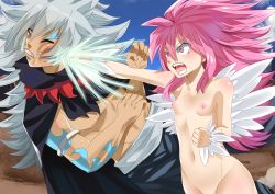 Rule 34 | 1boy, 1girl, absurdres, acnologia, blush, breasts, fairy tail, highres, long hair, nipples, open mouth, pink hair, punching, wendy marvell