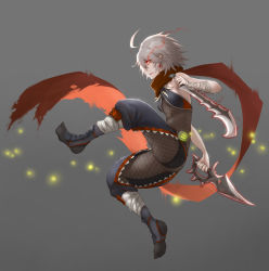 Rule 34 | 1girl, 41 (chvinyau), absurdres, ass, bandaged arm, bandages, bare shoulders, black pants, black socks, bodysuit, breasts, brown bodysuit, dual wielding, earrings, fishnets, full body, gradient background, grey background, grey hair, highres, holding, holding sword, holding weapon, jewelry, monster hunter, monster hunter: world, monster hunter (series), nargacuga (armor), no shoes, pants, parted lips, pointy ears, red eyes, red scarf, scarf, simple background, small breasts, socks, soles, solo, stirrup legwear, sword, toeless legwear, torn clothes, torn scarf, weapon