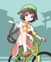 Rule 34 | 1girl, :3, animal ears, bicycle, bow, bowtie, brown eyes, brown hair, cat ears, cat tail, chen, earrings, erwnoid, fangs, grand theft auto, grand theft auto: san andreas, gun, hat, highres, horns, jewelry, long sleeves, looking at viewer, multiple tails, parody, rockstar, shoes, short hair, single earring, single horn, sitting, skirt, socks, solo, tail, touhou, two tails, weapon, white socks, yellow bow, yellow bowtie