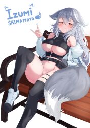Rule 34 | 1girl, absurdres, animal ears, bare shoulders, belt pouch, bench, blush, bottomless, breasts, cafelittle, closed mouth, commission, cropped jacket, crossed bangs, exhibitionism, floppy ears, fox ears, fox girl, fox shadow puppet, fox tail, grey hair, hair between eyes, highres, knee up, large breasts, leaning back, long hair, looking at viewer, navel, orange eyes, original, park bench, pouch, public indecency, pussy, simple background, sitting, smile, solo, tail, thighhighs, underboob, white background