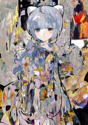 Rule 34 | 1girl, abstract, ahoge, arms at sides, closed mouth, collage background, commentary request, dress, feet out of frame, green eyes, grey hair, headgear, highres, indie virtual youtuber, itopoid, long hair, long sleeves, looking at viewer, low twintails, patterned clothing, puffy sleeves, scarf, sleeves past wrists, smile, solo, standing, tsukamoto anabone, twintails, unmoving pattern, virtual youtuber