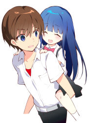 Rule 34 | 1boy, 1girl, :d, ^ ^, black skirt, blue eyes, blue hair, blush, bow, bowtie, brown hair, carrying, closed eyes, collared shirt, commentary, cowboy shot, eyelashes, facing another, feet out of frame, furude rika, hair between eyes, hands on another&#039;s shoulders, happy, highres, higurashi no naku koro ni, long hair, looking at another, looking back, maebara keiichi, miniskirt, nipa~, open mouth, piggyback, pink bow, pink bowtie, pleated skirt, shirt, short hair, short sleeves, simple background, skirt, smile, standing, straight hair, suspender skirt, suspenders, suzuragi karin, very long hair, white background, white shirt