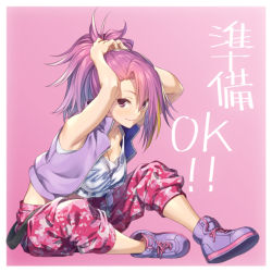 Rule 34 | 1girl, bare arms, bare shoulders, breasts, character request, cleavage, collarbone, commentary request, full body, hands in hair, hands up, idolmaster, jacket, long hair, looking at viewer, medium breasts, nanaran, pants, pink background, pink eyes, pink hair, pink jacket, pink pants, ponytail, shirt, simple background, solo, translation request, white shirt