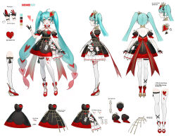 Rule 34 | 1girl, absurdres, ahoge, aqua eyes, aqua hair, arm at side, arms at sides, asymmetrical legwear, back bow, bare shoulders, black dress, black gloves, bow, card, character sheet, club (shape), color guide, commentary request, crinoline, crown, detached sleeves, diamond (shape), dress, from behind, from side, gloves, gradient hair, hair ornament, half gloves, hand up, hatsune miku, heart, heart hair ornament, high heels, highres, korean commentary, korean text, long hair, mini crown, mismatched legwear, mixed-language commentary, multicolored hair, multiple views, open mouth, partial commentary, pink hair, playing card, project sekai, red bow, red dress, red footwear, red gloves, red hair, shin strap, short dress, simple background, soyoong jun, spade (shape), standing, thighhighs, translation request, turnaround, twintails, two-tone dress, two-tone gloves, very long hair, vocaloid, white background, white thighhighs