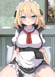 Rule 34 | 1girl, :&lt;, absurdres, apron, black skirt, blonde hair, blue eyes, blush, braid, braided bangs, breasts, commentary request, frilled apron, frilled skirt, frills, g36 (girls&#039; frontline), girls&#039; frontline, hair between eyes, highres, indoors, long hair, looking at viewer, maid, maid headdress, medium breasts, painting (object), parted lips, pillow, puffy short sleeves, puffy sleeves, rinringyo, shirt, short sleeves, single braid, sitting, skirt, solo, triangle mouth, v-shaped eyebrows, very long hair, white apron, white shirt