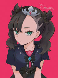 Rule 34 | 1girl, asymmetrical bangs, black bow, black dress, black hair, bow, closed mouth, collarbone, commentary request, creatures (company), dress, eyelashes, game freak, green eyes, highres, looking at viewer, marnie (champion) (pokemon), marnie (pokemon), mro (mgap7242), nintendo, official alternate costume, pink background, pink shirt, pokemon, pokemon masters ex, shirt, simple background, solo, tiara, translation request, twintails, upper body