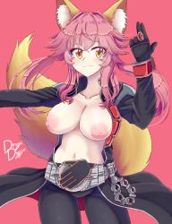 Rule 34 | 1girl, absurdres, animal ear fluff, animal ears, black gloves, breasts, collarbone, drogo doggo, fate/grand order, fate (series), fox ears, fox girl, fox tail, gloves, highres, kamen rider, kamen rider wizard (series), large breasts, long hair, navel, nipples, pink background, pink hair, simple background, solo, split ponytail, tail, tamamo (fate), tamamo no mae (fate/extra), yellow eyes
