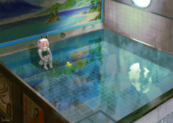 Rule 34 | 1girl, animal ears, barefoot, bathing, black eyes, black one-piece swimsuit, rabbit ears, fake animal ears, from above, hairband, indoors, knees up, kouka (mrakano5456), hugging own legs, looking away, mural, one-piece swimsuit, onsen, open mouth, original, partially submerged, pink hair, pool, reflection, rubber duck, short hair, signature, sitting, solo, swimsuit, tile wall, tiles, towel, towel on head, window