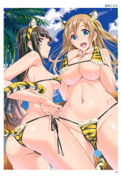 Rule 34 | 2girls, :d, absurdres, aircraft, airplane, animal ears, animal print, areola slip, ass, bare arms, bare shoulders, bikini, black hair, blonde hair, blue eyes, blue sky, blunt bangs, border, breasts, butt crack, cameltoe, cat ears, cat tail, cleft of venus, cloud, contrail, covered erect nipples, cowboy shot, day, fake animal ears, fake tail, fingernails, from below, gluteal fold, gradient hair, groin, hand under clothes, hands on own chest, highres, hime cut, large breasts, long fingernails, long hair, looking at viewer, looking down, medium breasts, multicolored hair, multiple girls, navel, open mouth, page number, purple hair, railing, red eyes, scan, shiny skin, side-tie bikini bottom, sidelocks, sky, smile, standing, stomach, summer, suzutsuki kurara, swimsuit, tail, teeth, tiger ears, tiger print, tiger tail, toranoana, two side up, underboob, very long hair, white border, yellow bikini