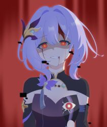 Rule 34 | 1girl, blood, blood from mouth, blood on face, bloody tears, blue hair, blue shirt, breasts, cleavage, detached sleeves, elf, elysia (honkai impact), eye print, glitch, hair ornament, herrscher of corruption, highres, honkai (series), honkai impact 3rd, orange eyes, pointy ears, red curtains, shirt, short hair, smile, solo, upper body, xinjinjumin8342441, yellow pupils