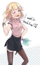 Rule 34 | 1girl, black thighhighs, blonde hair, blue eyes, bracelet, brown thighhighs, english text, facial hair, freddie mercury, hair ornament, hand on own hip, highres, hololive, hololive english, jewelry, kiirokuma, looking at viewer, mustache, one eye closed, open mouth, panties, polka dot, queen (band), skirt, sleeveless, solo, striped clothes, striped panties, thighhighs, underwear, virtual youtuber, watson amelia