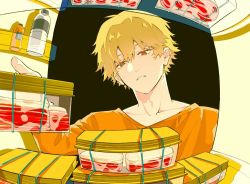 Rule 34 | 1boy, blonde hair, bottle, chainsaw man, denji (chainsaw man), food, hair between eyes, holding, long sleeves, looking at object, meat, orange sweater, refrigerator, rubber band, short hair, solo, sweater, teeth, tupperware, xia, yellow eyes