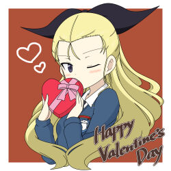 Rule 34 | 1girl, assam (girls und panzer), black necktie, blonde hair, blue eyes, blue sweater, blush, box, brown background, covering own mouth, dress shirt, emblem, english text, gift, girls und panzer, hair pulled back, hair ribbon, happy valentine, heart, heart-shaped box, highres, holding, holding gift, ichinose jun, long hair, long sleeves, looking at viewer, necktie, one eye closed, ribbon, school uniform, shirt, solo, st. gloriana&#039;s (emblem), st. gloriana&#039;s school uniform, sweater, upper body, v-neck, valentine, white shirt, wing collar