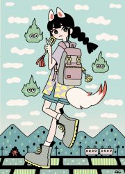 Rule 34 | 1girl, animal ears, backpack, bag, black hair, blue eyes, blue shorts, boots, braid, braided ponytail, bright pupils, cloud, cloudy sky, fire, from behind, garouma, green fire, green sky, grey footwear, highres, holding, index finger raised, looking at viewer, looking back, original, print shirt, purple shirt, shirt, short sleeves, shorts, sky, socks, solo, tail, torii, train, triangle print, white pupils, white socks