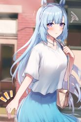 Rule 34 | 1girl, animal ears, bag, blue hair, blue skirt, blurry, blurry background, blush, breasts, closed mouth, collarbone, commentary request, exren, handbag, highres, horse ears, horse girl, horse tail, jewelry, large breasts, long hair, looking at viewer, mejiro ardan (umamusume), necklace, outdoors, pouty lips, purple eyes, shirt, short sleeves, skirt, solo, squiggle, tail, umamusume, white shirt