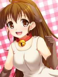 Rule 34 | 1girl, :d, animal ears, bad id, bad pixiv id, brown eyes, brown hair, collar, cosplay, dog ears, dress, elbow gloves, gloves, long hair, open mouth, plaid, plaid background, ponytail, sleeveless, sleeveless dress, smile, solo, taneshima popura, totokichi, working!!
