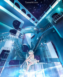 Rule 34 | 1girl, bare shoulders, barefoot, blue eyes, commentary, dress, english commentary, highres, m c escher, original, short hair, sitting, sky, soaking feet, solo, star (sky), starry sky, water, watermark, web address, white dress, yuumei