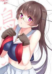 Rule 34 | 10s, 1girl, :o, absurdres, alternate eye color, bad id, bad pixiv id, breasts, brown hair, cannon, choukai (kancolle), glasses, gloves, hair ornament, headgear, highres, kantai collection, large breasts, long hair, midriff, nebusoku, pleated skirt, purple eyes, rimless eyewear, school uniform, skirt, solo