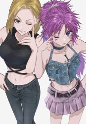 2girls belt blonde_hair blue_eyes cross denim earrings highres hunter_x_hunter inverted_cross inverted_cross_necklace jeans jewelry looking_at_viewer machi_komacine multiple_girls nail_polish one_eye_closed pakunoda pants pink_hair ponytail re_tae44 short_hair skirt stud_earrings v