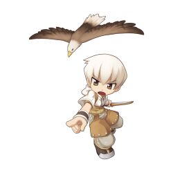 Rule 34 | 1boy, bird, boots, bow (weapon), brown eyes, brown footwear, brown shirt, brown shorts, chibi, cropped jacket, eagle, full body, grey pants, holding, holding bow (weapon), holding weapon, hunter (ragnarok online), jacket, male focus, medium bangs, official art, open mouth, pants, pants under shorts, pointing, ragnarok online, shirt, short hair, short sleeves, shorts, simple background, solo, standing, tachi-e, transparent background, v-shaped eyebrows, weapon, white hair, white jacket, wristband, yuichirou
