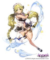 Rule 34 | 1girl, apron, artist name, bare legs, bare shoulders, black bow, black dress, black footwear, blonde hair, blush, bobby socks, bow, bow (weapon), braid, closed mouth, collarbone, copyright name, dress, elsword, eyebrows, frilled dress, frills, full body, green eyes, hair bow, hairband, holding, holding weapon, leg up, long hair, looking at viewer, low-braided long hair, low-tied long hair, maid headdress, pointy ears, rena erindel, see-through, shoes, simple background, sleeveless, sleeveless dress, smile, socks, solo, sukja, tareme, twin braids, very long hair, weapon, white apron, white background, white socks, wrist cuffs