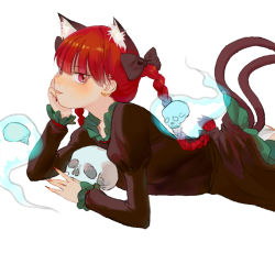 Rule 34 | 1girl, absurdres, animal ear fluff, animal ears, ass, black bow, black dress, blue fire, blunt bangs, blush, bow, braid, cat ears, cat tail, closed mouth, dress, extra ears, fire, flaming skull, floating skull, hair bow, hair ribbon, hand on own cheek, hand on own face, hand up, head rest, highres, hitodama, juliet sleeves, kaenbyou rin, light smile, long hair, long sleeves, lying, multiple tails, nail polish, nekomata, on stomach, petticoat, profile, puffy sleeves, red eyes, red hair, red nails, ribbon, simple background, solo, tail, touhou, tress ribbon, twin braids, twintails, two tails, very long hair, white background, zelo (kmtf3322), ||/
