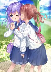Rule 34 | 2girls, backpack, bag, blue sailor collar, blue skirt, blue sky, blurry, blurry background, bow, bowtie, brown hair, chestnut mouth, closed eyes, cloud, cloudy sky, day, depth of field, hair between eyes, hair ribbon, highres, holding another&#039;s wrist, long hair, long sleeves, multiple girls, one eye closed, open mouth, original, outdoors, pleated skirt, purple eyes, purple hair, red neckwear, ribbon, sailor collar, shiraki shiori, shirt, shoulder bag, skirt, sky, tongue, tongue out, twintails, white ribbon, white shirt, yuri