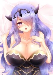 Rule 34 | 1girl, :o, armor, bare shoulders, bed sheet, blush, breasts, camilla (fire emblem), cleavage, collarbone, fire emblem, fire emblem fates, grabbing, hair over one eye, hairband, heart, heart-shaped pupils, horns, kane-neko, large breasts, long hair, looking at viewer, lying, nintendo, on back, pink lips, purple eyes, purple hair, solo, strapless, symbol-shaped pupils, upper body
