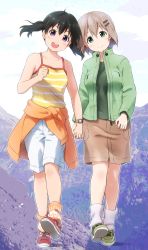 Rule 34 | 2girls, :d, ankle socks, bare arms, black hair, blue sky, brown skirt, clothes around waist, cloud, commentary request, day, full body, green eyes, green footwear, green jacket, green shirt, hair ornament, hairclip, head tilt, heads together, highres, holding hands, interlocked fingers, jacket, kuraue hinata, light brown hair, long sleeves, looking at viewer, mountain, multiple girls, open clothes, open jacket, open mouth, orange legwear, orange sweater, outdoors, purple eyes, red footwear, shirosato, shirt, shoes, short hair, shorts, skirt, sky, sleeveless, sleeveless shirt, smile, sneakers, socks, striped clothes, striped shirt, sweater, sweater around waist, teeth, twintails, upper teeth only, walking, watch, white legwear, white shorts, wristwatch, yama no susume, yellow shirt, yukimura aoi