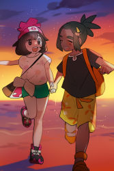 Rule 34 | 1boy, 1girl, :d, backpack, bag, beanie, blush, clenched hand, closed eyes, cloud, commentary request, creatures (company), eyelashes, game freak, green shorts, hand grab, hat, hau (pokemon), highres, knees, looking at another, natsuko (summer 525528), nintendo, open mouth, orange bag, orange footwear, outdoors, pokemon, pokemon sm, running, selene (pokemon), shirt, shoes, short shorts, short sleeves, shorts, shoulder bag, sky, smile, standing, star (sky), t-shirt, teeth, tied shirt, twilight, yellow shorts