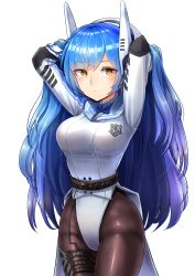 Rule 34 | 1girl, absurdres, arms behind head, bad id, bad pixiv id, belt, black pantyhose, blue bow, blue bowtie, blue hair, blush, bow, bowtie, breasts, closed mouth, cowboy shot, girls&#039; frontline, groin, gui ss, hair between eyes, headgear, highres, jacket, large breasts, leotard, long hair, looking at viewer, pantyhose, robot ears, sidelocks, simple background, solo, tar-21 (girls&#039; frontline), thigh strap, thighs, very long hair, white background, white leotard, yellow eyes