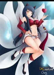 Rule 34 | 1girl, ahri (league of legends), animal ears, black hair, blush, breasts, cheng, cleavage, detached sleeves, facial mark, female focus, fire, fire, fox ears, fox tail, heart, korean clothes, large breasts, league of legends, long hair, looking at viewer, multiple tails, navel, panties, smile, solo, tail, underwear, whisker markings, yellow eyes