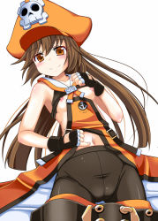 Rule 34 | 1girl, belt, black pantyhose, blush, breasts, brown hair, clothes lift, clothes pull, crotch seam, fingerless gloves, gloves, guilty gear, hat, long hair, may (guilty gear), navel, nipples, orange eyes, orange hat, orange shirt, pants, pants pull, pantyhose, pinky out, pirate hat, poncocchan, sailor collar, shirt, shirt lift, skull and crossbones, small breasts, solo, undressing