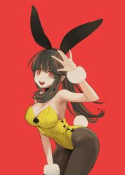 Rule 34 | 1girl, :d, animal ears, armpits, black pantyhose, blush, breasts, choker, cleavage, covered navel, fake animal ears, highres, jun (navigavi), leotard, long hair, open mouth, original, pantyhose, playboy bunny, rabbit ears, rabbit tail, red background, red eyes, simple background, smile, solo, tail, teeth