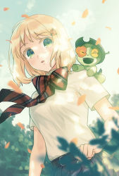 Rule 34 | 1girl, :d, ao no exorcist, artist name, belt, blonde hair, blush, bow, bush, closed eyes, collared shirt, colored eyelashes, creature, creature on shoulder, falling petals, flower, green eyes, hair flower, hair ornament, highres, kumonon (8f2k3), looking to the side, moriyama shiemi, neck ribbon, nii (ao no exorcist), on shoulder, open mouth, parted lips, petals, pleated skirt, ribbon, school uniform, shirt, short hair, skirt, sky, smile, solo focus, striped, striped bow, wind