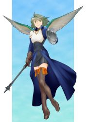 Rule 34 | 1girl, armor, black skirt, blue background, boots, brown gloves, brown thighhighs, buckler, feathered wings, gloves, green eyes, green hair, holding, holding weapon, knee boots, mace, pencil skirt, pixiv fantasia, pixiv fantasia age of starlight, shield, short hair, skirt, solo, thighhighs, weapon, wings, yagisaka seto, yoko lachette, zettai ryouiki
