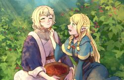 Rule 34 | 2girls, blonde hair, blue capelet, blue robe, blush, braid, capelet, closed eyes, couple, dungeon meshi, eating, elf, falin touden, falin touden (tallman), feeding, food, fruit, green eyes, hair around ear, highres, holding, hood, hooded capelet, long hair, long sleeves, looking at another, marcille donato, multiple braids, multiple girls, nillaney, open mouth, pointy ears, raspberry, robe, short hair, smile, yuri
