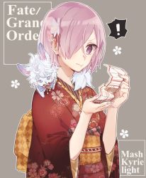 Rule 34 | !, 1girl, 3:, 3:&lt;, alternate costume, character name, cherry blossoms, closed mouth, copyright name, fate (series), floral print, hair ornament, hair over one eye, japanese clothes, kimono, mash kyrielight, new year, obi, omikuji, purple eyes, purple hair, red kimono, sash, short hair, solo, spoken exclamation mark, uninu, v-shaped eyebrows