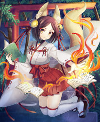 Rule 34 | 1girl, animal ears, bell, bob cut, book, brown eyes, brown hair, eyeliner, fire, fox ears, fox tail, full body, hair bell, hair ornament, hair ribbon, hakama, hakama skirt, holding, holding book, japanese clothes, jumping, light smile, long sleeves, looking at viewer, makeup, miko, open book, original, outdoors, outstretched hand, parted bangs, ribbon, runes, sandals, skirt, slit pupils, stairs, sunsnny, tail, thighhighs, torii, white thighhighs, wide sleeves