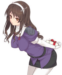 Rule 34 | 10s, 1girl, arms behind back, ashigara (kancolle), breasts, brown eyes, brown hair, elbow gloves, gift, gloves, hairband, kantai collection, large breasts, leaning forward, long hair, pantyhose, personification, rokuwata tomoe, solo